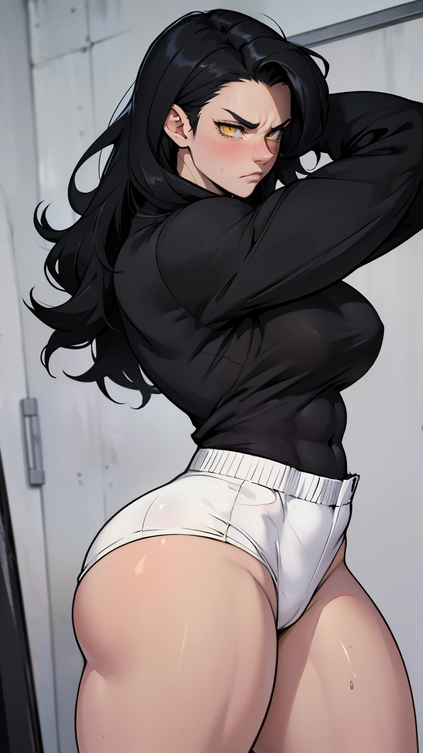 1girl solo black hair yellow eyes very long hair pale skin muscular muscular muscular muscular toned body huge muscles thick thighs girl tight clothes angry blushing messy hair tight shirt long sleeves thick thick thick thick 