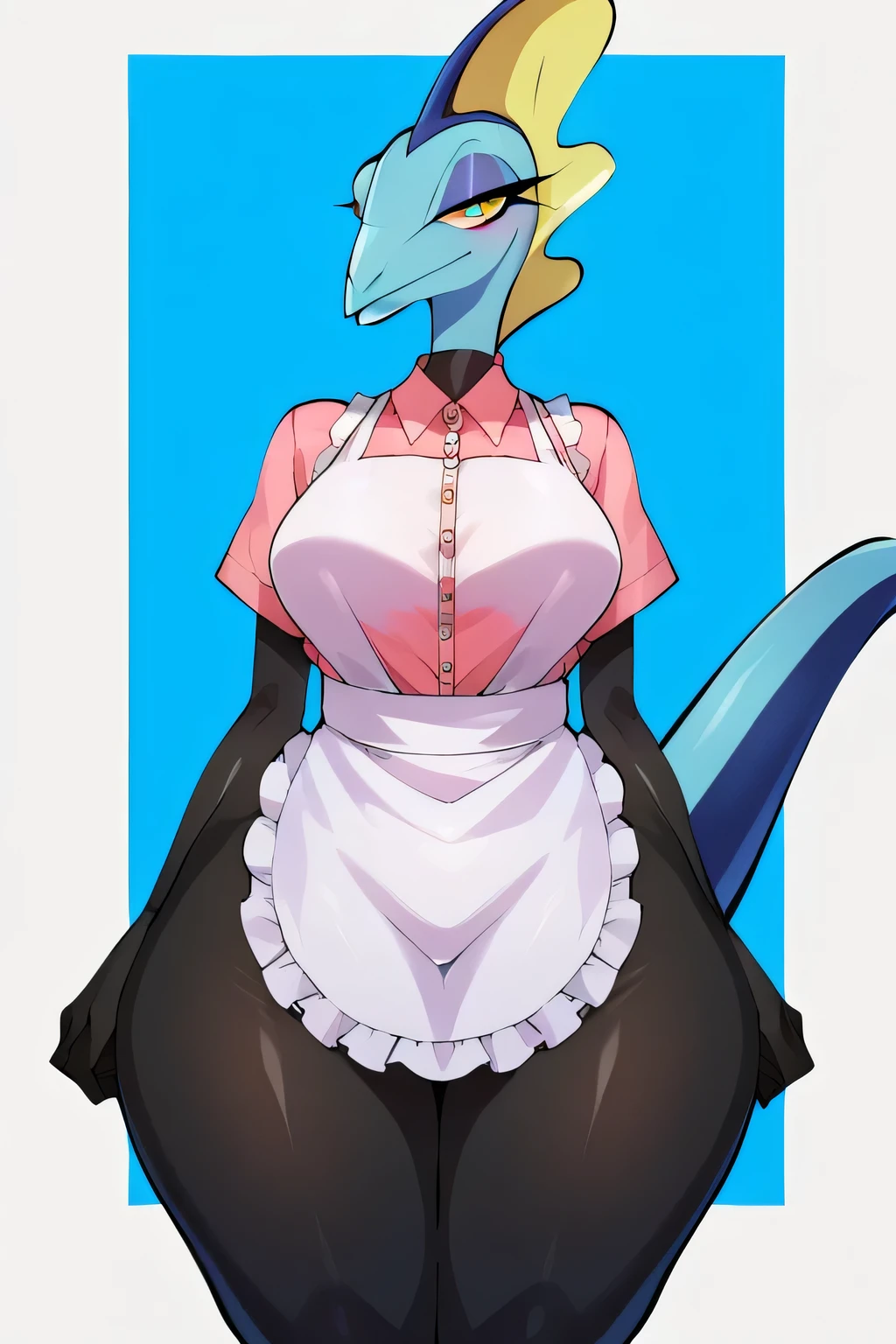 score_9, score_8_up, score_7_up, BREAK, solo, breasts, makeup, jewelry, gloves, shirt, apron, upper body, portrait, mature Inteleon, simple background, thick thighs, wide hips, big ass, showing buttcrack slightly, showing big butt,