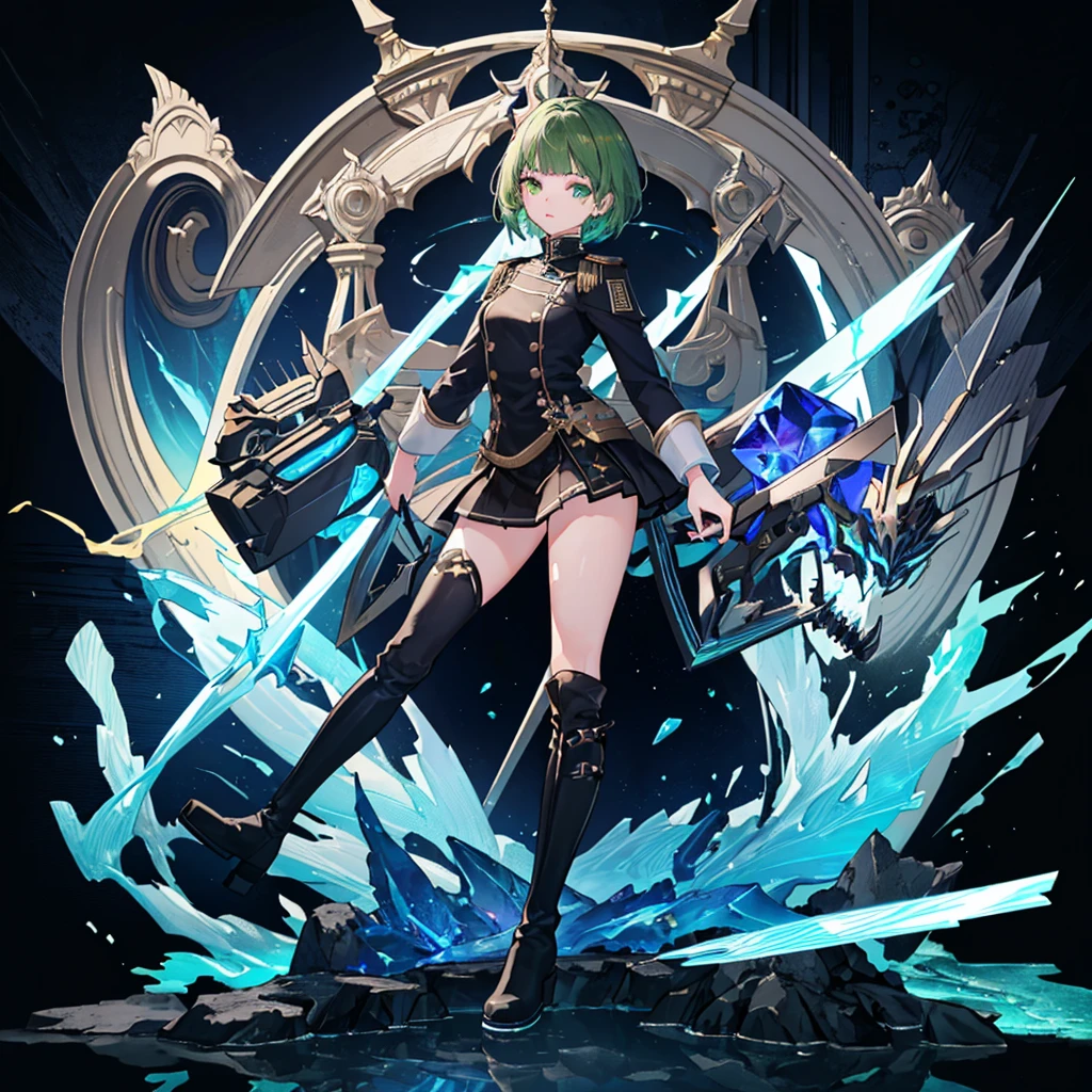 [(with a cathedral background:1.4)::5],original,(shape:1.1),(highest quality),(Tabletop:1.1),(Highly detailed CG Unity 8k wallpaper:1.1), (colorful:0.9),(Mid Shot:0.95),(very detailed beautiful whole body),Dynamic Angle,(alone:1.2), (girl),(((Adult))), (Beautiful eyes in every detail:1.15), (Beautiful Face:1.15), (Glowing green eyes:1.25////),(Gemstone Eyes),(Green Short Hair),(Blunt bangs),((The girl wear a black knight uniform)),Realistic,, girl,Green Hair,((Black long boots)), Black mini skirt,Black knee socks(rage),(Contempt and contempt),rage,(beautiful slender girl),((Adult)),((whole body)),Valkyrie, Decorations,((Thin legs)),((slender girl)),Front Angle,Front Angle,