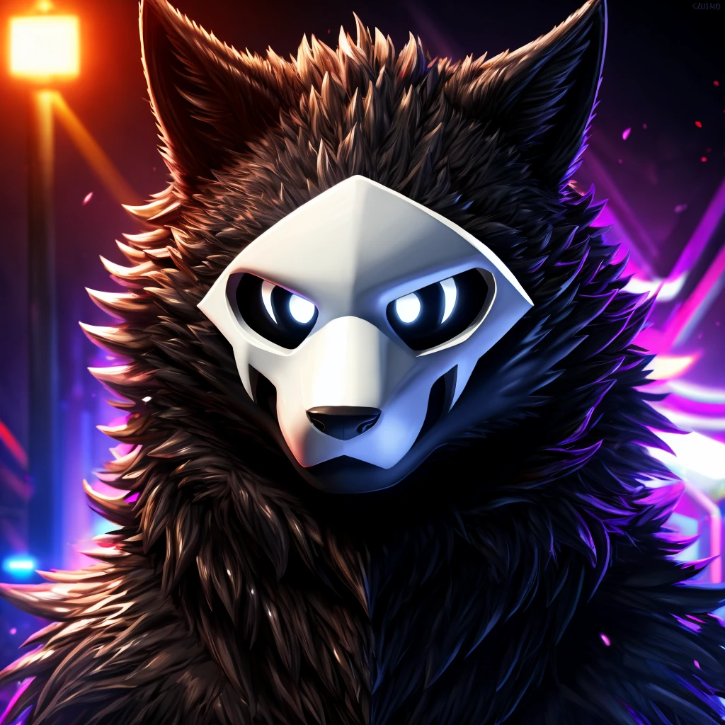 a puro changed game, furry, black, wolf, extremely detailed, 8k, hyper realistic, award winning digital art, cinematic lighting, vibrant colors, masterpiece, white mask, dark latex creatures