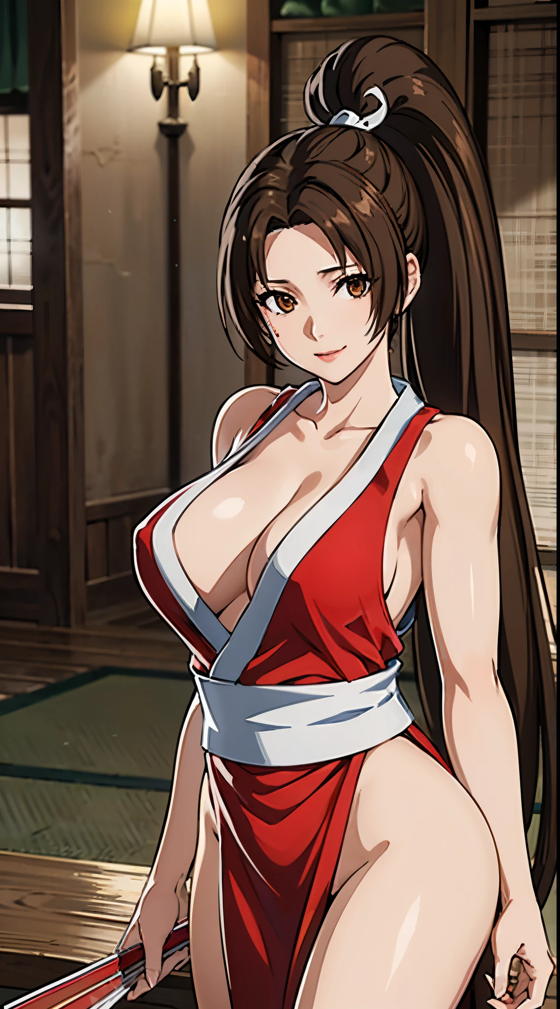 ((8K)), ((32k)), ((Highest quality)), ((masterpiece)), ((超High resolution)), ((Tmasterpiece)), (((head shot:1.6)))、((8K)), ((32k)), ((Highest quality)), ((masterpiece)), ((超High resolution)), Fine skin、女性1 person、pink sexy dresses、((Mai Shiranui:1.2)), Expose your shoulders、Brown Hair, Brown eyes, Long and high ponytail, hair band, 1 person、Captivating smile, 25 years old, Japanese Mature, beautiful指, beautiful長い脚, beautiful体, beautiful鼻, beautifulキャラクターデザイン, Perfect Eyes, Perfect Face, jewelry, hair ornaments, king of fighters,((Large Handheld Fan:1.6))、
(Tabletop, Highest qualityの, Highest quality, beautifully、beautiful: 1.2), Very detailed, More detailed,適切な体のProfessionalポーション,Tabletop,Ultra-high quality output images,High resolution,Intricate details,Very delicate and beautiful hair,Realistic photos,dream-like,Professionalの照明,Realistic Shadows,Focus Only,
(Big Breasts:1.2,) , フローティングスカートFine skinの質感, High quality fabric, High quality metallic texture、((Beautiful and dense face))、RAW Photos、Professional, Ultra-fine painting, ((alone)), beautiful胸、Highest quality, Very detailed, Very detailed詳細, Finer details, so beautiful,(Five Fingers, Four fingers and thumb),Concept Art, Anime fantasy artwork, Detailed fantasy art,8KHigh resolution, Detailed Art, 8 Slim legs, Defined, Defined fingers