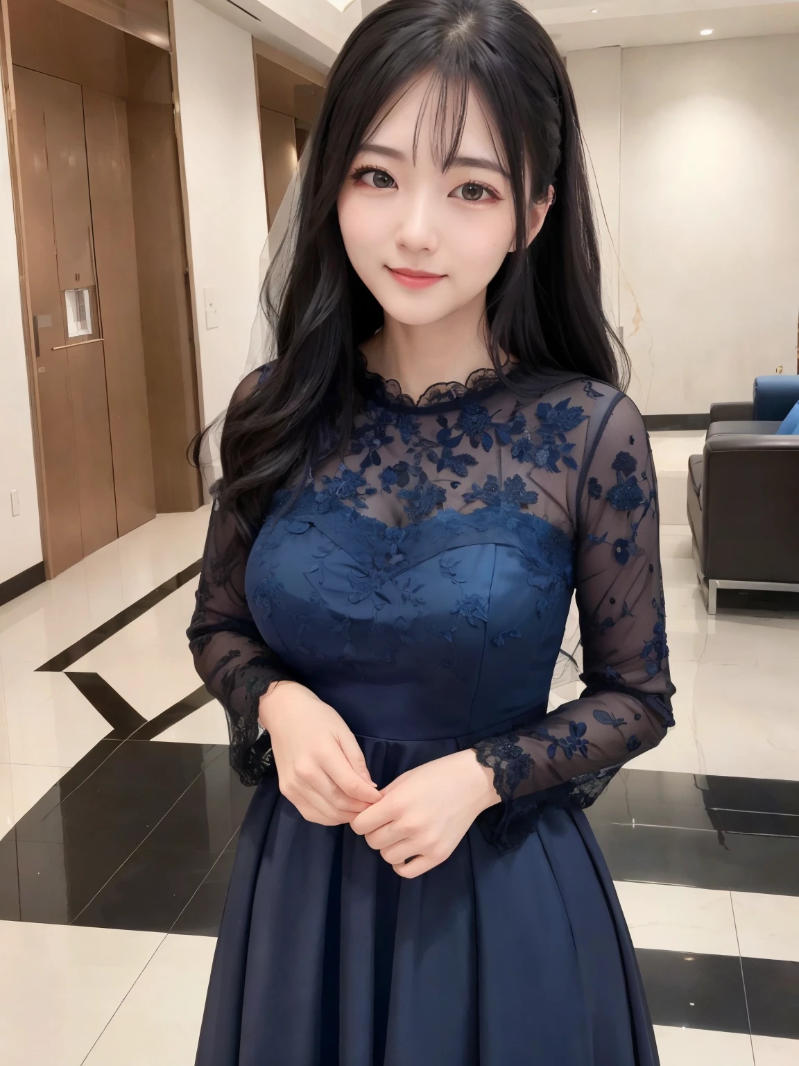 High-definition images、Precision photography、Wide-angle lens。Full Shot、Wedding venue lobby、Large space、Happy Event、Well-dressed woman、Black hair and clean face、Wearing a clean blue dress、Attending a friend's wedding、Mayumi、28 years old、Stylish、A kind smile、classmate。