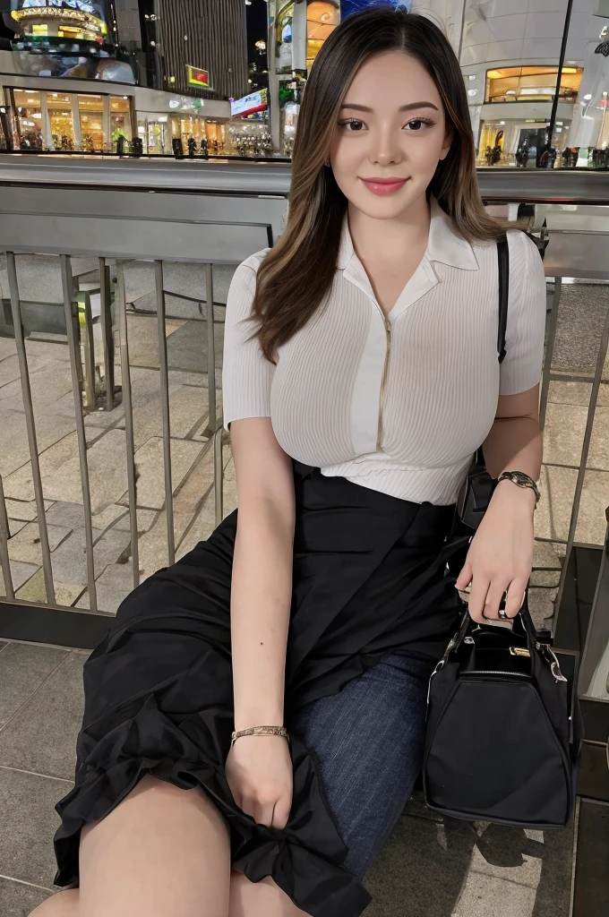 ((best quality, 8K, masterpiece:1.3)), A beautiful girl, pure, Oval face, Gentle and lovely, Sweet smile, pure desire, lose weight, (Frontal lobe), (Tilting your head), Look directly at the camera, , Heart, formal, Black silky long straight hair, Long hair shawl, Large target, round, black eyes, Clear big eyes, Hydrating red lips, Sweet, Sitting on the roadside, Blue sky and white clouds, Grass, architecture,