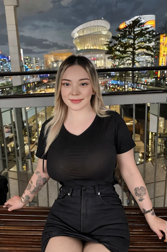 20 years old, pure beauty, Danfeng Eyes, double eyelids, lying silkworm, long eyelashes, black eyes, dark black hair, graceful body, Showing slender waist, casual shirt, new perfect denim, face highlight, Smile, look at me, Half-length photo, background, city night view, Tyndall Wright, Filter rendering, Ultra-fine, HD, HD, HD picture quality, detail, 18k ultra HD resolution, top effects, masterpiece, Half-length photos.