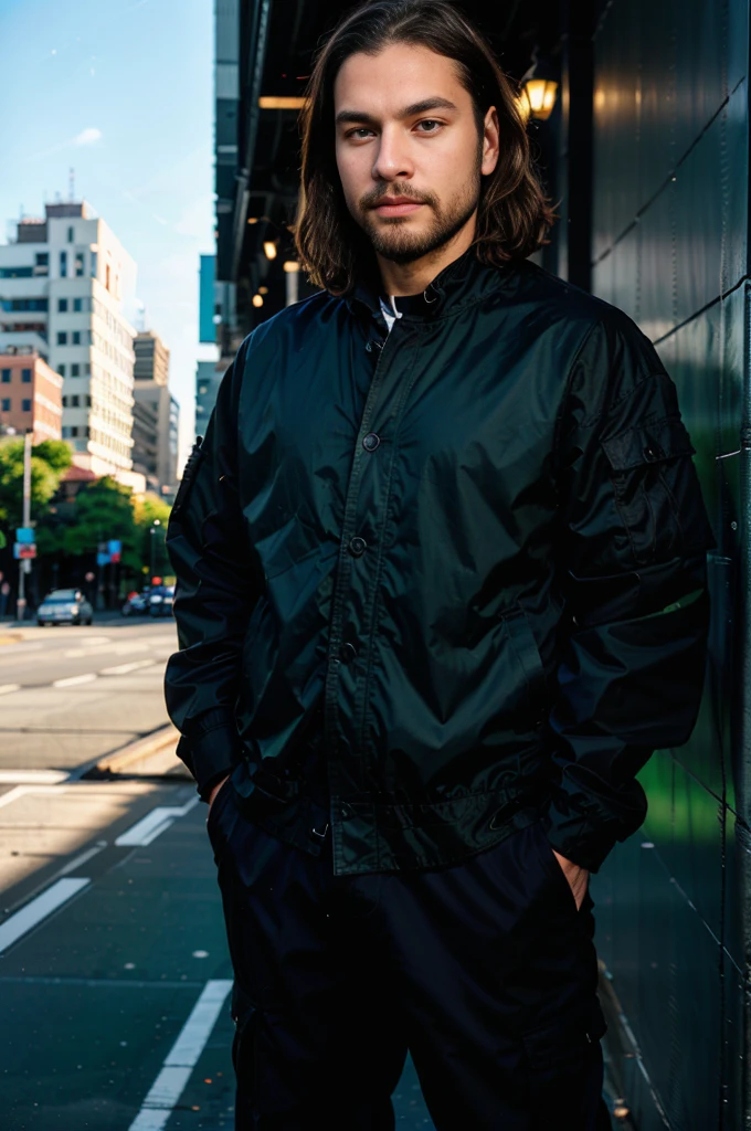Man in his early thirties, with short brown hair and a wispy beard, green eyes shining with determination, wearing a black tactical jacket, cargo pants, and combat boots, in a dark room with soft light illuminating his face.