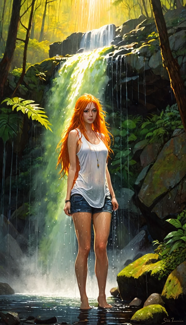 a sexy girl with long orange hair, medium breasts, wearing short jeans and a plain white tank top, showering under a waterfall in a forest, dark, seductive, dramatic lighting, glowing skin, water droplets, steam, mist, lush greenery, mossy rocks, sunbeams, cinematic composition , (art inspired by Bill Sienkiewicz). oil painting)