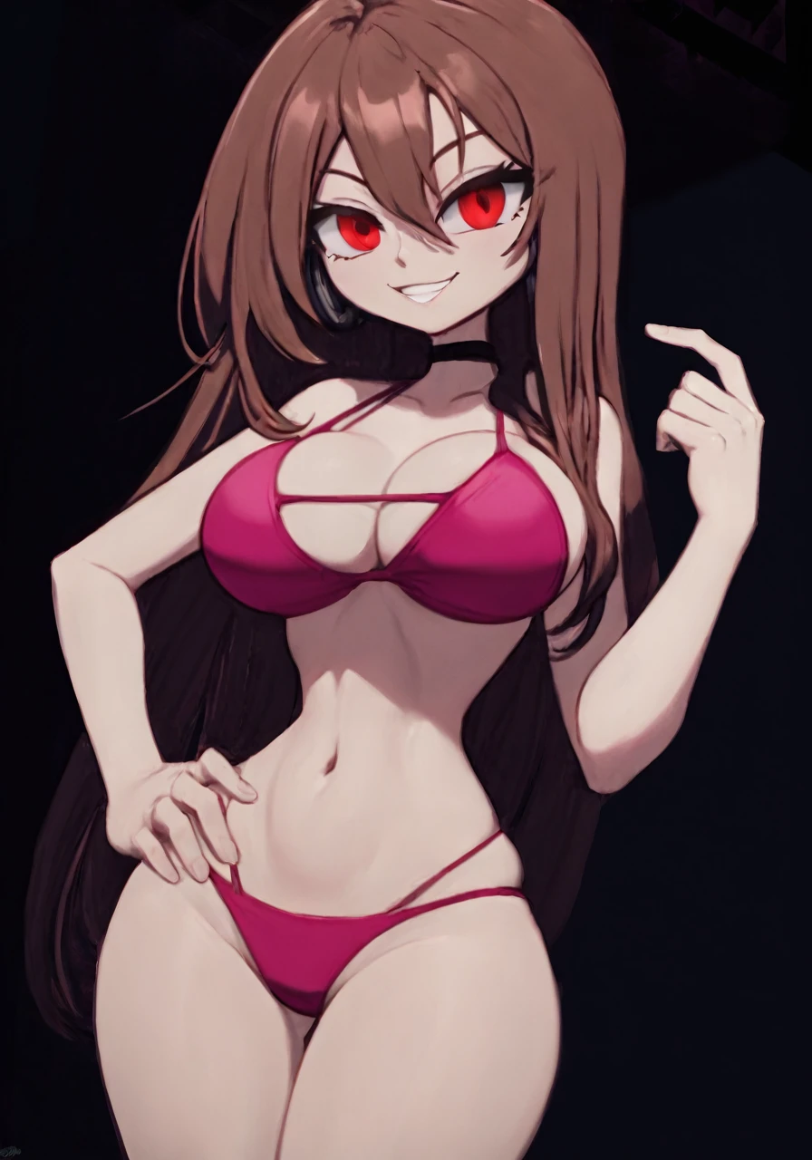 masterpiece, 4k, details, extreme details, high resolution, 1 woman, DJ , long brown hair, red eyes, mischievous face, smile, pink bikini, belly, large breasts , standing on your hips