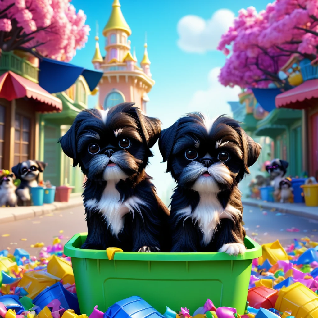 2 Adorable small black Shih Tzu puppies wearing bright sunglasses playing in trash Disney background 3d cartoon 3d render disney pixar style