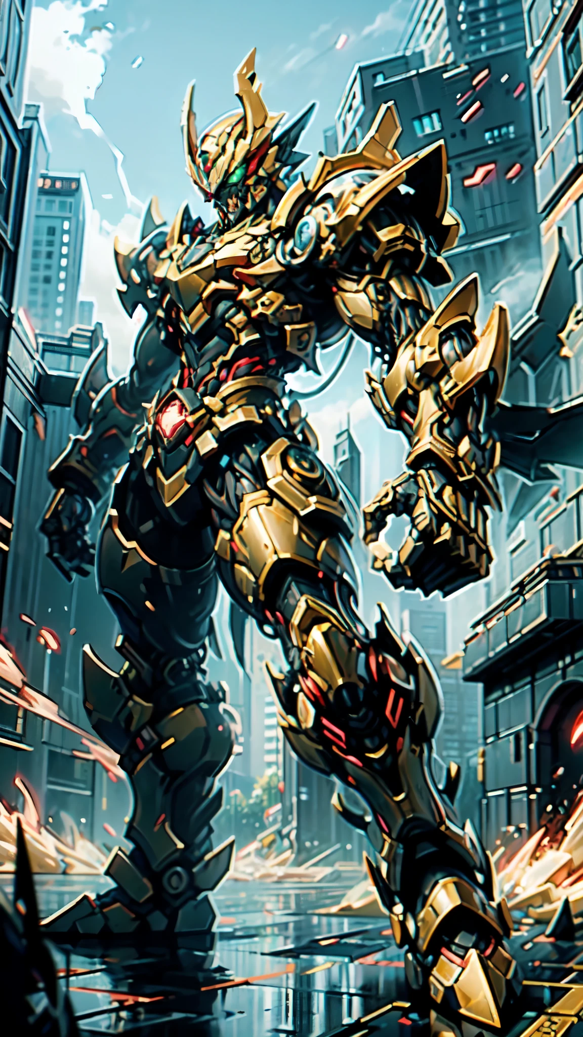 (masterpiece:1.5, best quality:1.5, extremely delicate:1.5, perspective:1.5, foreshortening:1.5, dynamic angle:1.5), a man wearing a full-face helmet, a fantasy-style biotech armored combat suit, green eyes, (a composite layered chest armor), fully enclosed shoulder guards, matching arm and leg guards, the belt is adorned with fangs biting into orbs, (the color scheme is primarily black with red accents), the design balances heavy with agility, a high-tech bio-mecha armor, (Armor Concept Inspired by Bat, stand on the top of a skyscraper in a futuristic sci-fi city), this character embodies a finely crafted fantasy-surreal style armored hero in anime style, exquisite and mature manga art style, (element, plasma, energy, the armor glows), ((male:1.5)), metallic, high definition, highres, ultra-detailed, ultra-fine painting, professional, perfect body proportions, golden ratio, anatomically correct, symmetrical face, extremely detailed eyes and face, high quality eyes, creativity, RAW photo, UHD, 32k, Natural light, cinematic lighting, masterpiece-anatomy-perfect