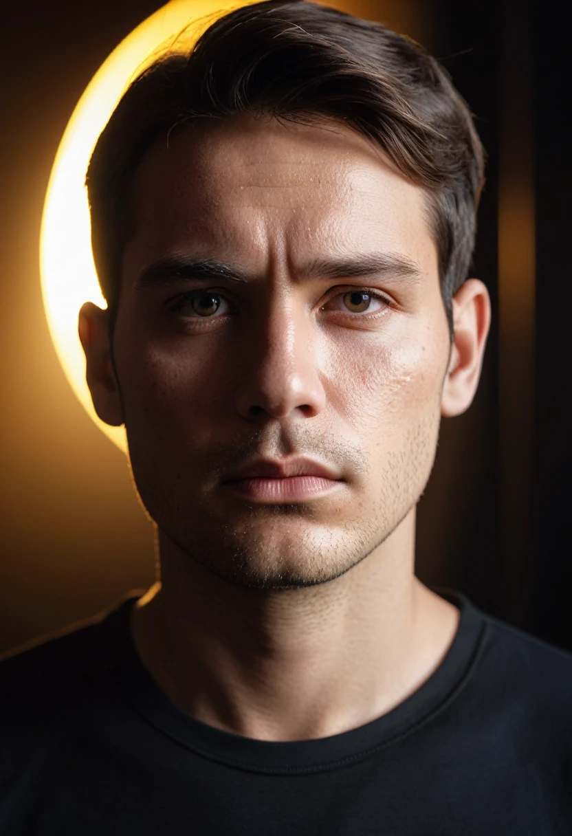 high quality, portrait photo of 30 y.o european man, wearing black shirt, serious face, detailed face, skin pores, cinematic shot, dramatic lighting