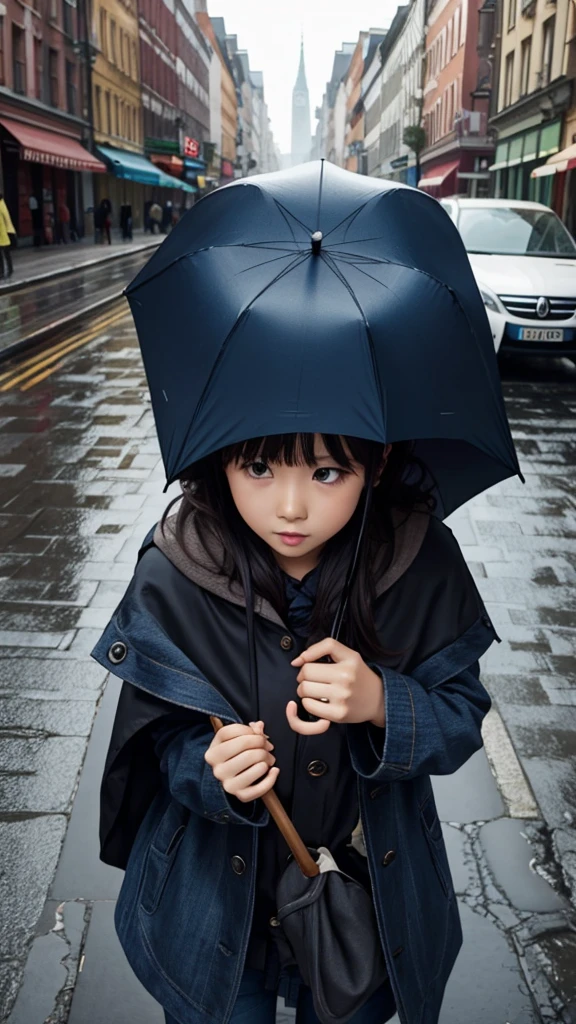 8k,Japanese,,Innocent face,Teenage Girle,Polka dot raincoat,Rain hood,It's drizzling,Are standing,Hydrangea background,Sunflower hair clip in girl's hair
