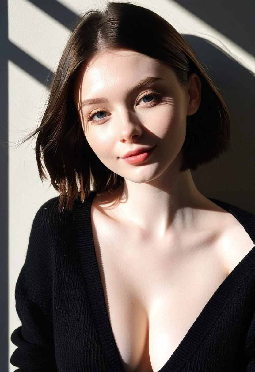 instagram photo, photo of 23 y.o Chloe in black sweater, cleavage, pale skin, (smile:0.4), hard shadows