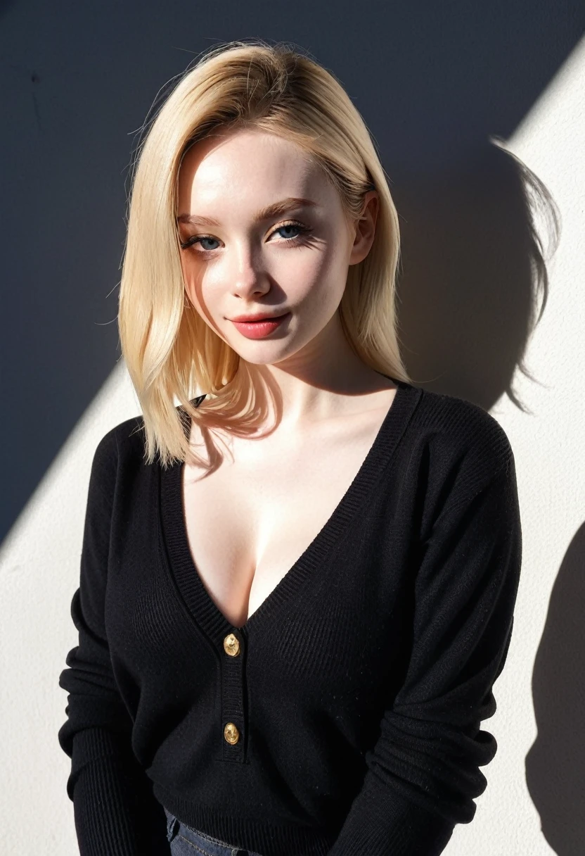instagram photo, photo of 23 y.o Chloe in black sweater, cleavage, pale skin, (smile:0.4), hard shadows