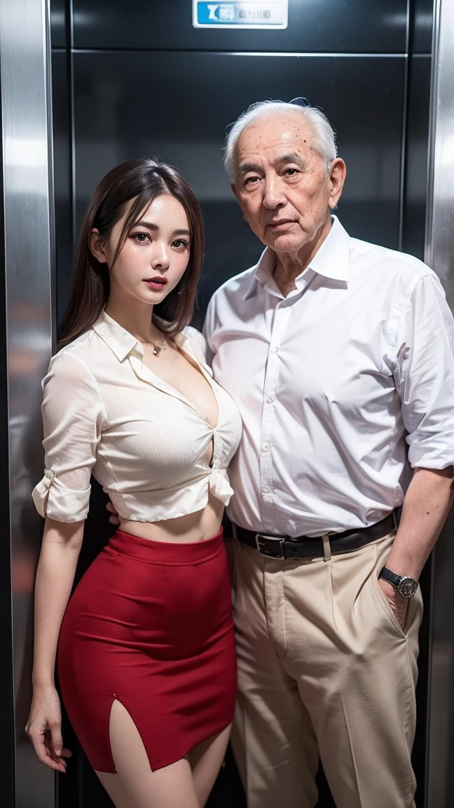 (High resolution),4K,(Realistic), (Ukrainian beauty),((ultra-thin eyebrows:1.2)),(RAW photo), Highest quality, Masterpiece, ((20 year old beautiful slim woman and Japanese old man: 1.3)), (((Japanese old man hugging a beautiful woman tightly and grinning: 1.2))), Beautiful Facial expression,((A woman blushing with embarrassment:1.2)), ((sexual harassment:1.2)), sexy race bra,slim and curvy woman,(ultra-thin brown pantyhose), 20-year-old woman, (Photo real), Hilton Hotel interior, rim lighting, (oily body), anatomically correct hands, (High detail skin: 1.2), (eye focus), character focus, 8K UHD, DSLR, high quality, high resolution, 4K, 8K, bokeh, absurdity, best ratio 4 fingers and 1 thumb, ( Realistic), ((Beautiful woman wearing business office lady suit)), (small breasts),  business office lady slit skirt, (old man touching woman's breast), ((anatomically correct nipples), ( (skirt flipping)),(An old man tries to deep kiss a beautiful woman and a woman hates being kissed), small areola