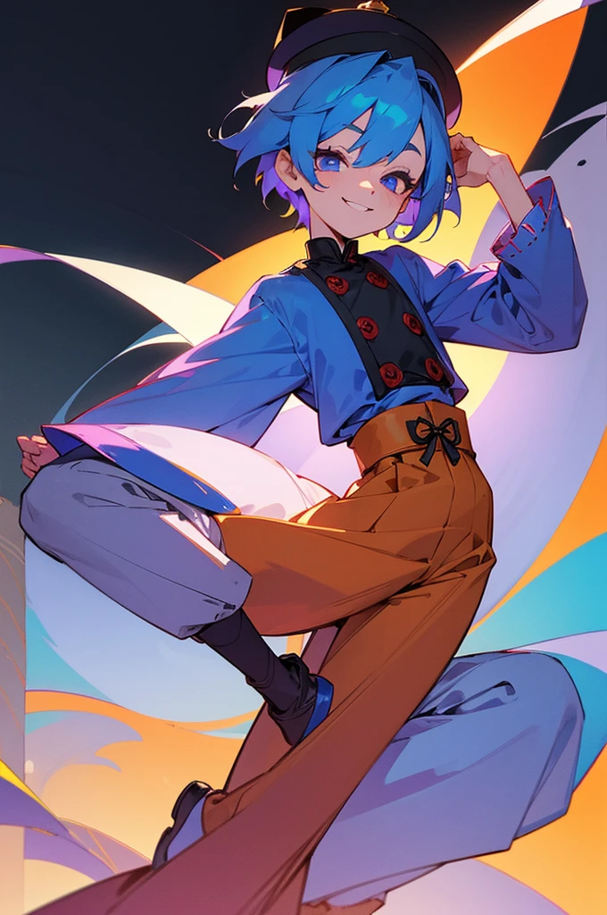 Best quality, Super detailed illustration, Warm colors, perfect lighting, (boy:1.6), (the blue skin:1,6) , short tousled thick hair ,Jiangshi clothing, long sleeves, long skirt with leg cutout on the sides, open legs, Tight-fitting clothing, Guanli hat ,smug smile, Happy , a femboy, small waist, wide hips, slim, Perfect body, full length, black and lilac color of clothes