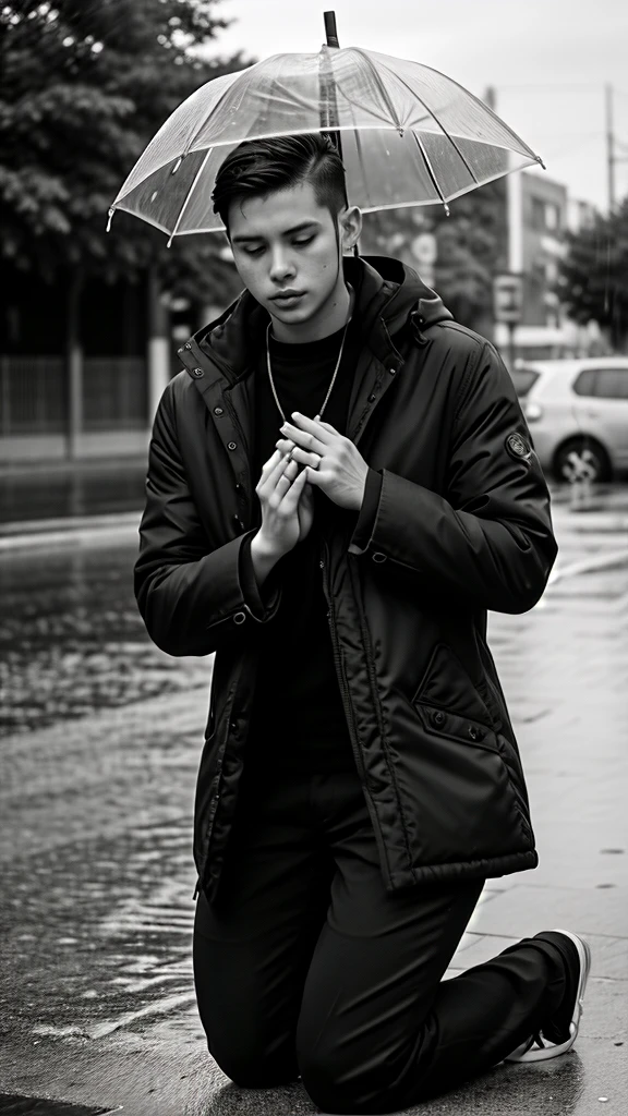 A boy age 30 with normal height and fit kneeling down and prayering in coat and pants on a rainy day