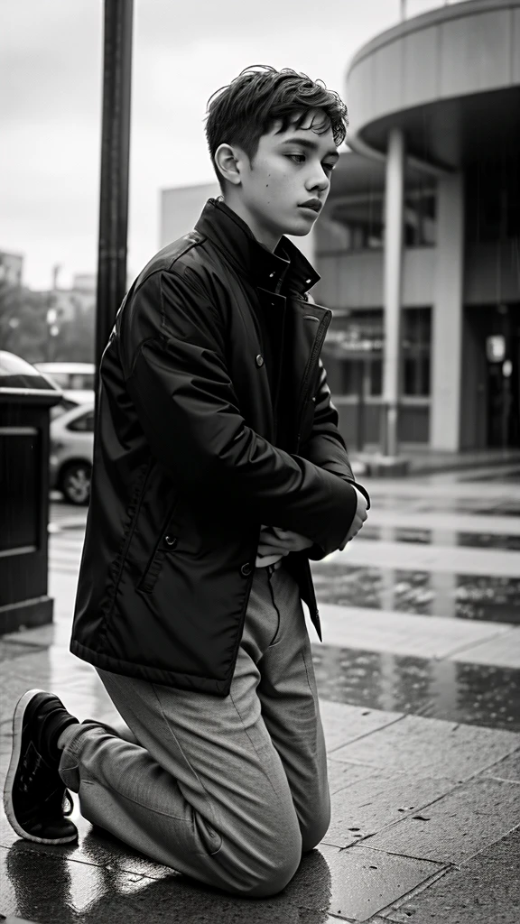 A boy age 30 with normal height and fit kneeling down and praying in coat and pants with humble on a rainy day black and white photo in bottom put some music symbols