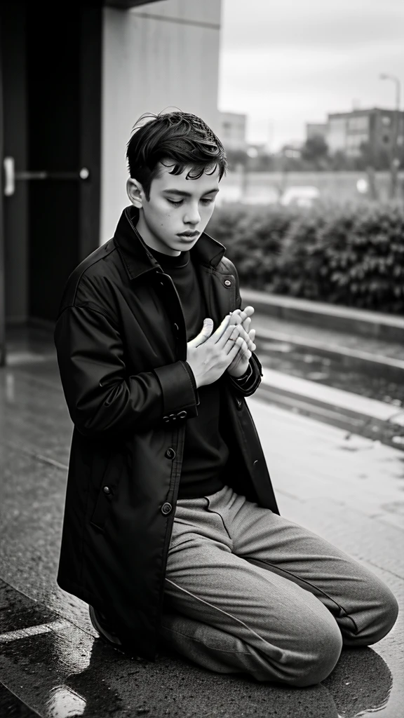 A boy age 30 with normal height and fit kneeling down and praying in coat and pants with humble on a rainy day black and white photo