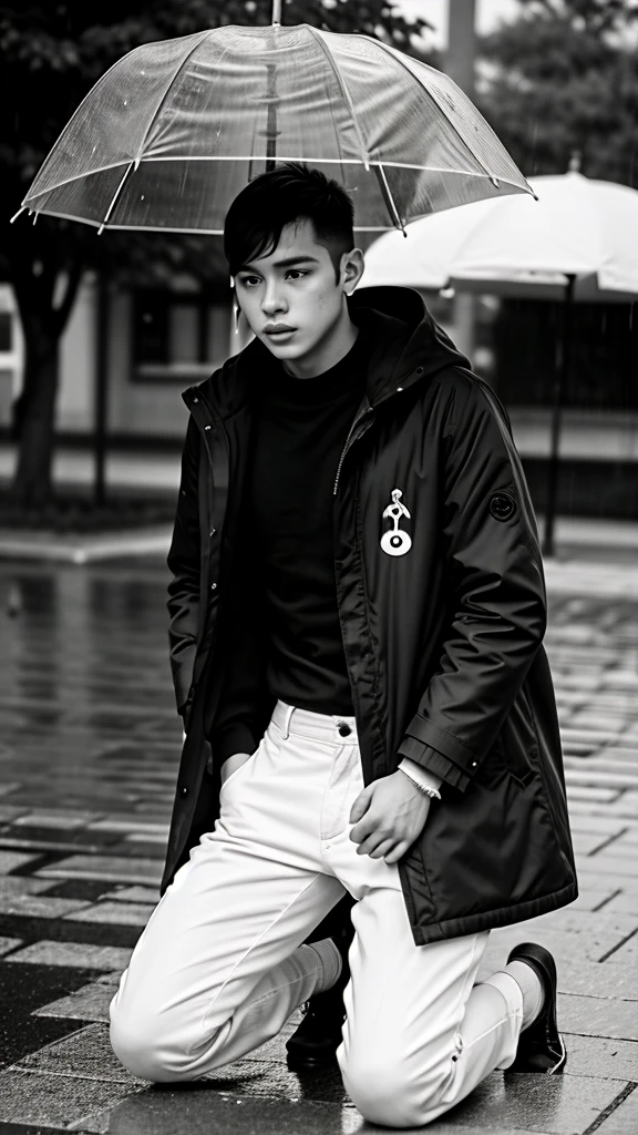 A boy age 30 with normal height and fit kneeling down and praying in coat and pants with humble on a rainy day black and white photo in bottom put some music symbols