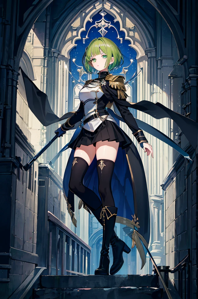 [(with a cathedral background:1.4)::5],original,(shape:1.1),(highest quality),(Tabletop:1.1),(Highly detailed CG Unity 8k wallpaper:1.1), (colorful:0.9),(Mid Shot:0.95),(very detailed beautiful whole body),Dynamic Angle,(alone:1.2), (girl),(((Adult))), (Beautiful eyes in every detail:1.15), (Beautiful Face:1.15), (Glowing green eyes:1.25////),(Gemstone Eyes),(Green Short Hair),(Blunt bangs),((The girl wear a black knight uniform)),Realistic,, girl,Green Hair,((Black long boots)), Black mini skirt,Black knee socks(rage),(Contempt and contempt),rage,(beautiful slender girl),((Adult)),((whole body)),Valkyrie, Decorations,((Thin legs)),((slender girl)),Front Angle,Front Angle,