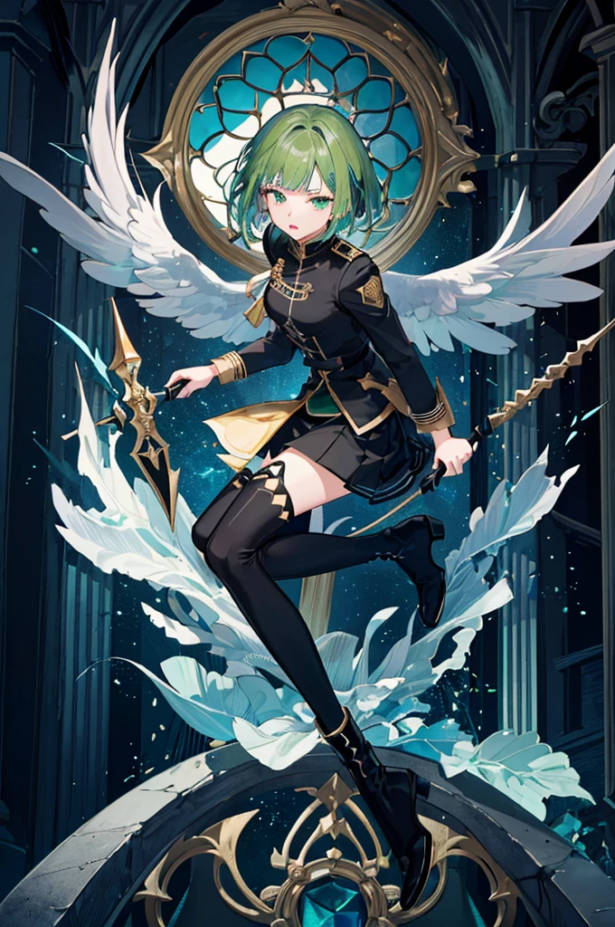 [(with a cathedral background:1.4)::5],original,(shape:1.1),(highest quality),(Tabletop:1.1),(Highly detailed CG Unity 8k wallpaper:1.1), (colorful:0.9),(Mid Shot:0.95),(very detailed beautiful whole body),Dynamic Angle,(alone:1.2), (girl),(((Adult))), (Beautiful eyes in every detail:1.15), (Beautiful Face:1.15), (Glowing green eyes:1.25////),(Gemstone Eyes),(Green Short Hair),(Blunt bangs),((The girl wear a black knight uniform)),Realistic,, girl,Green Hair,((Black long boots)), Black mini skirt,Black knee socks(rage),(Contempt and contempt),rage,(beautiful slender girl),((Adult)),((whole body)),Valkyrie, Decorations,((Thin legs)),((slender girl)),Front Angle,Front Angle,