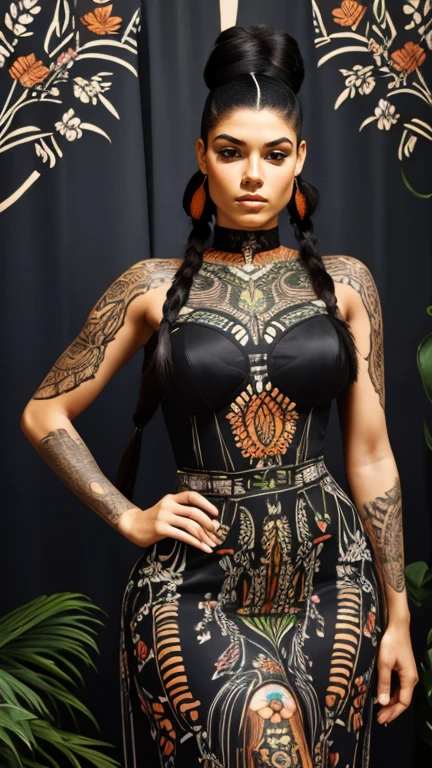 High resolution ultra detailed photography of a native American European multiracial 40 year old woman, woman has a tall body and long legs and a curvy figure, the woman's hairstyle is three long braids and the sides of the head are shaved bald, hair color is black and orange, clothing is a Maxi corset dress made of silk and lace fabric embroidered with many tribal symbols, model pose is dancing, standing frontally to the camera looking into the camera, photo background is a forest at night with glowing lights, big and lots of tribal tattoos