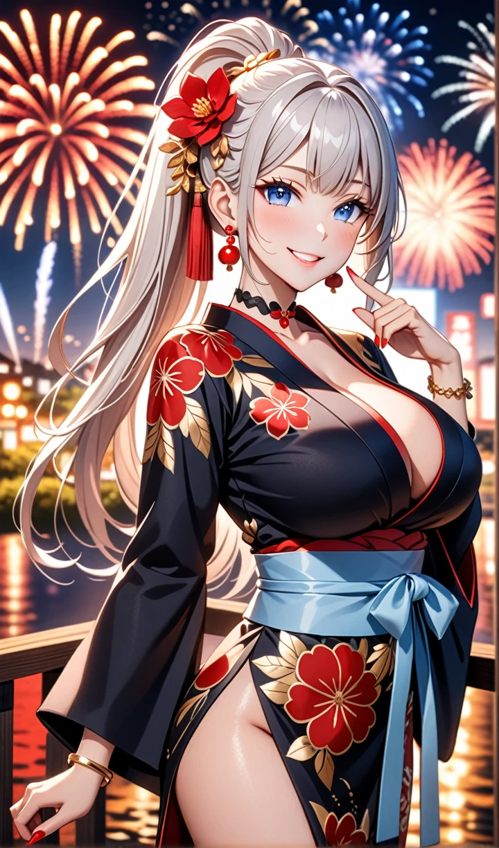 ultra-detailed, ((one girl)), hyper detailed, absurdres, 8K,Cute face, (Laugh shyly), ((teasing smile:1.8)), ((Wink:1.7)), (Laugh with your mouth wide open:1.3),(Tilt your head:1.3), (((put index finger on mouth:1.3)), View your viewers, ((Bright red cheeks:1.6)),Glossy Red Lips, ((Big Breasts:1.5)) (valley), night, Fantastic fireworks, ((Anime style background)),masterpiece, Highest quality,  (Brighten your face), so beautiful,Latest, Complex details, (Pink long nails), (nail art), (ring),(bracelet), (Floral Choker),AI-generated, Complex,High resolution, Highest quality, super high quality,3D Images、3D Images,One person,Long white hair,(High Ponytail), Anime woman posing for a photo, ((Fine grain, pale blue eyes:1.2)), ((glowing eyes:1.4)), (Squint your eyes:1.1),a hyperRealistic , hyperRealistic , Realistic,Anime woman with long white hair, Smooth anime CG art, With gold embroidery、A girl in a gorgeous kimono, ((Black long sleeve kimono:1.5)),((Red large floral pattern)) ,Long flower hair ornament,Floral Earrings,Mature Body,tall,Abdominal muscles,Narrow waist,((arched back:1.9)),(front view),