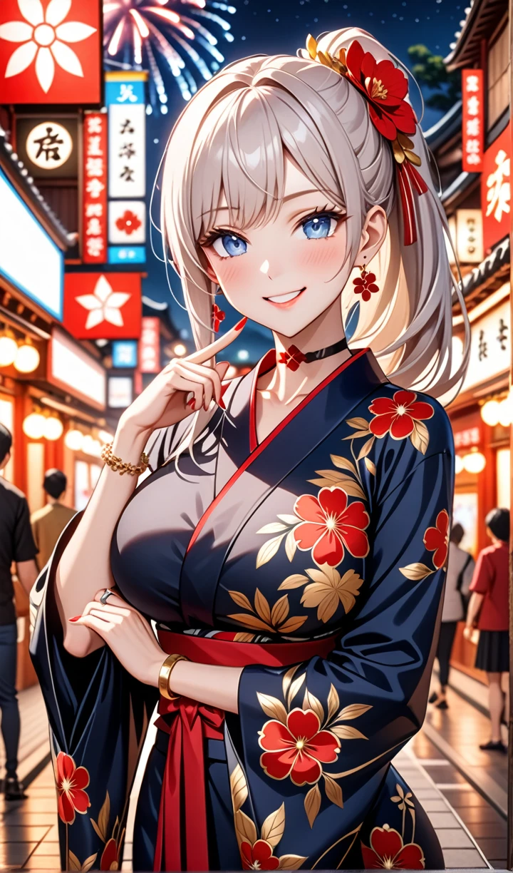 ultra-detailed, ((one girl)), hyper detailed, absurdres, 8K,Cute face, (Laugh shyly), ((teasing smile:1.8)), ((Wink:1.7)), (Laugh with your mouth wide open:1.3),(Tilt your head:1.3), (((put index finger on mouth:1.3)), View your viewers, ((Bright red cheeks:1.6)),Glossy Red Lips, ((Big Breasts:1.5)) (valley), night, Fantastic fireworks, ((Anime style background)),masterpiece, Highest quality, (Brighten your face), so beautiful,Latest, Complex details, (Pink long nails), (nail art), (ring),(bracelet), (Floral Choker),AI-generated, Complex,High resolution, Highest quality, super high quality,3D Images、3D Images,One person,Long white hair,(High Ponytail), Anime woman posing for a photo, ((Fine grain, pale blue eyes:1.2)), ((glowing eyes:1.4)), (Squint your eyes:1.1),a hyperRealistic , hyperRealistic , Realistic,Anime woman with long white hair, Smooth anime CG art, With gold embroidery、A girl in a gorgeous kimono, ((Black long sleeve kimono:1.5)),((Red large floral pattern)) ,Long flower hair ornament,Floral Earrings,Mature Body,tall,Abdominal muscles,Narrow waist,((arched back:1.9)),(front view),