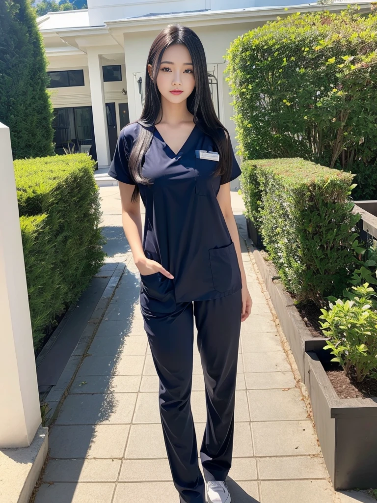 Beautiful girl in scrubs outfit Standing in front of the entrance to the house,Big tits,long black hair,sexly,realistically,realistic