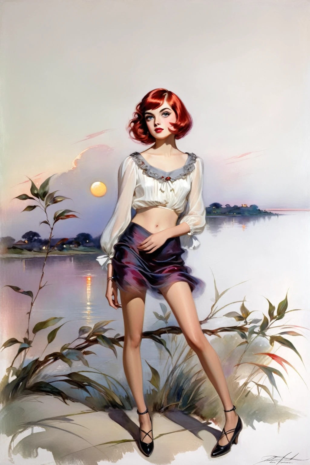 [(front portrait: young Martha Mansfield with big eyes and a short red bob)((Harrison Fisher style))):20]/[background:landscape
 Baroque (moonlight sunset), style Rafael Santi], very colorful,((oil painting)),((masterpiece)),single shot