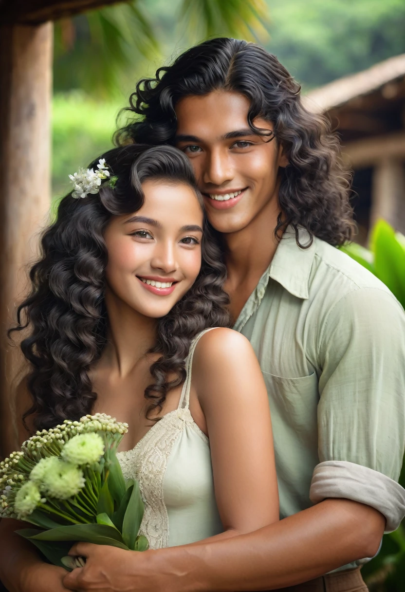 Sakimichan style. wlop style, portraite, beautiful couple with well-defined faces, beautiful long curly hair, skin tanned, brazil, 1936, 40's, hugging a boy with green eyes, Bblack hair, beautiful smile on perfect lips, rustic setting with mandacarus and flowers from the northeast, Depth of field, high qualiy, high détail, Luminous Studio graphics engine