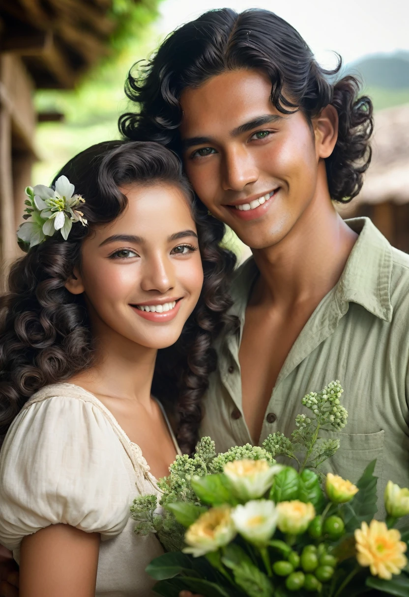 Sakimichan style. wlop style, portraite, beautiful couple with well-defined faces, beautiful long curly hair, skin tanned, brazil, 1936, 40's, hugging a boy with green eyes, Bblack hair, beautiful smile on perfect lips, rustic setting with mandacarus and flowers from the northeast, Depth of field, high qualiy, high détail, Luminous Studio graphics engine