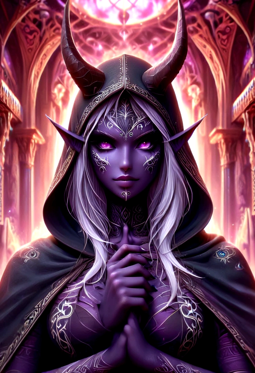 official art, unity 8k wallpaper, ultra detailed, beautiful and aesthetic, masterpiece, best quality, 1girl, elf girl, smile, beautiful face, sylvdark, (cleavage), (hood), sitting demonic throne, background hell, ((zentangle, mandala, tangle, entangle):1.2), (fractal art:1.3), professional lighting