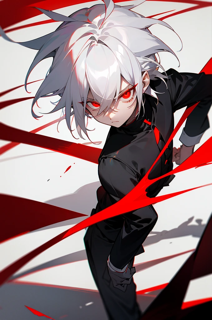 hight resolution,Anime boy with white hair and red eyes staring at camera, Glowing red eyes,slim, dressed in a black outfit,Shadow Body,de pele branca,monochromes,hair messy,Straight face,Diagonal angle