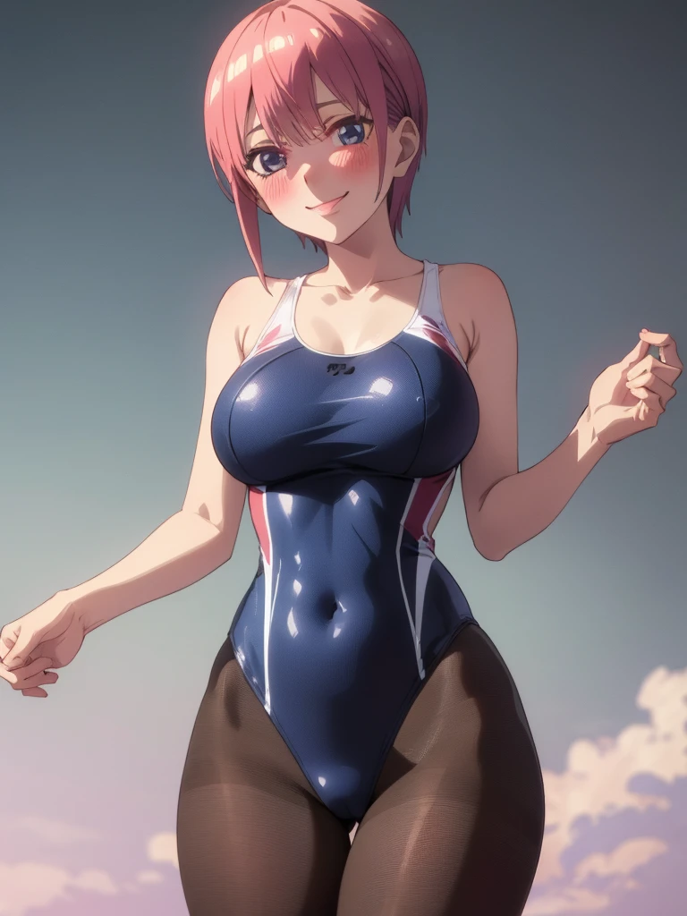 best quality, masterpiece, high quality, insanely detailed, ichika nakano, one-piece swimsuit, breasts, pantyhose, blush, smile, standing