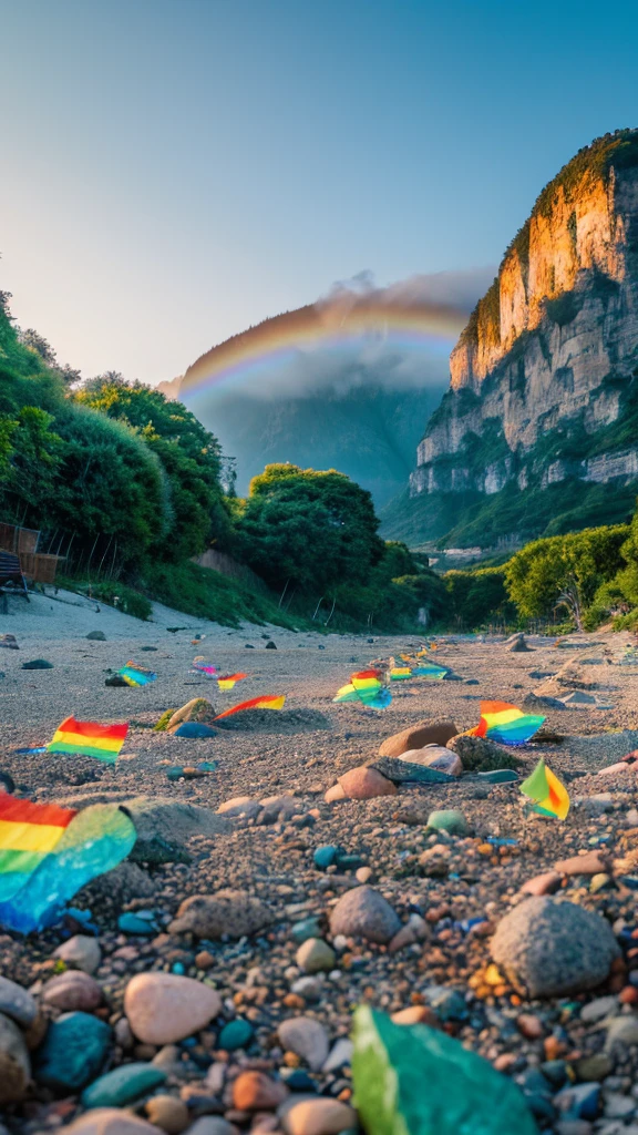 there is a rainbow in the sky over a beach with rocks and pebbles, seashore, Alpine Forest Landscape Photo，Steep mountain roads，Clear and transparent lake，wood，Bushes，Fallen leaves，Dawn Sun，Kasumi，Cliffs and mountains，Dilapidated，Lonely，cold，Foggy sky，Not a dazzling morning sun，Nightmare vision，Dark fantasy plot，Perfect and excellent composition，8K resolution，detailed，restricted，close ultra-wide angle shot，Realistic，Beautiful sky,Colorful clouds float，True to life, The private parts are clearly visible, Perfect perfection, Digital single-lens reflex camera, 1024, 2048, 4096, detailedな, sharp, Best Quality, high quality, Absurd，Unattended background，Very detailed、detailedな照明の影，Art Station Trends、Complex、expensivedetailed、dramatic、（Volumetric Lighting：1.2）HDR shot。（close，Super Depth of Field，Ultra Wide Angle，Microfocal Lenses：1.2）（Realistic：1.4）Masterpiece、expensive、expensive品質、beautiful photo，Global illumination magical beach, sunny rainbow galaxy stormy sea, by Igor Grabar, colorful hd picure, near the seashore, rainbow reflections, just one rainbow 8 k, beach landscape, still of rainbow ophanim, calm vivid colors, by Marie Bashkirtseff, beautiful beach