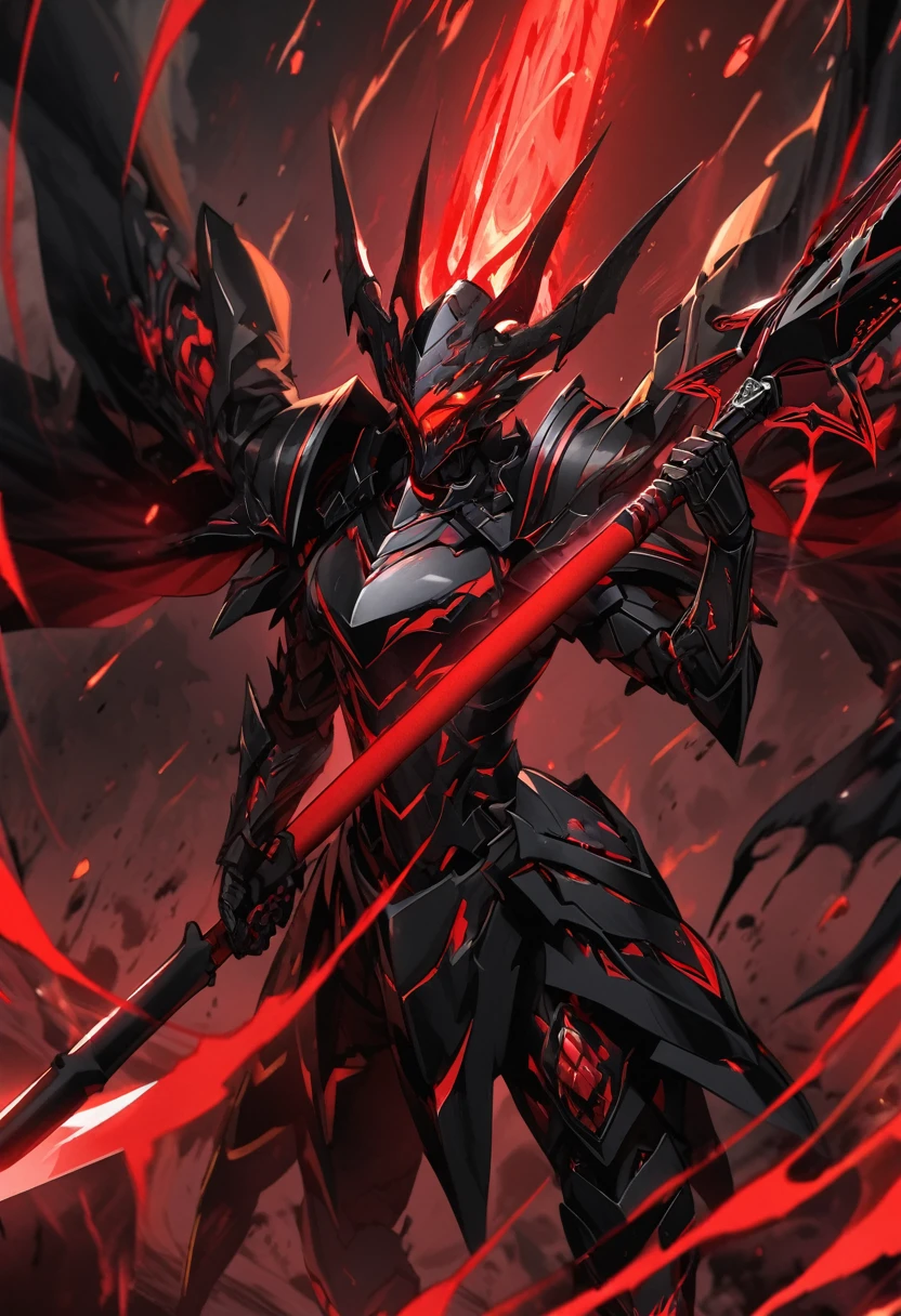 a extremely detailed warrior in armor of pitch black steel & gold wielding a crimson red staff, the void floating around them