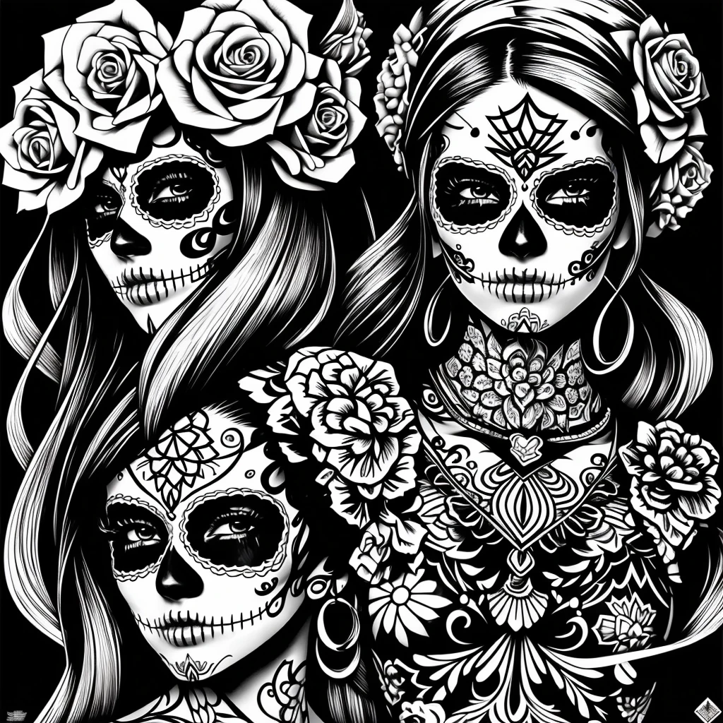 A Visually Stunning Sugar Skull Latina Day of the Dead. work of art, beautiful art work, ultra detaild, best qualityer, intrincately detailed, super fine details, clean line art, photorrealistic, monochrome, por artgerm, mcbess, Yoji Shinkawa