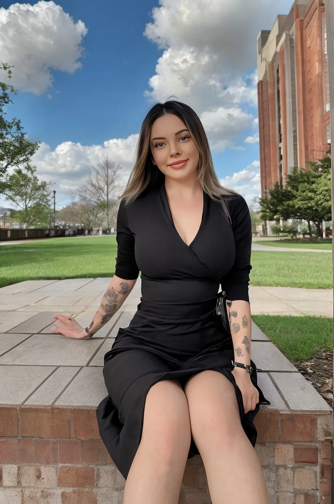 ((Best Quality, 8K, Masterpiece:1.3)), A beautiful girl, pure, melon face, gentle and cute, sweet smile, pure desire, thin figure, (frontal), (tilted head), looking directly at the camera, uniform, obi, formal, black silky long straight hair, long hair flowing over the shoulders, round black big eyes, clear big eyes, moist red lips, sweet, sitting on the side of the road, blue sky and white clouds, grass, buildings,