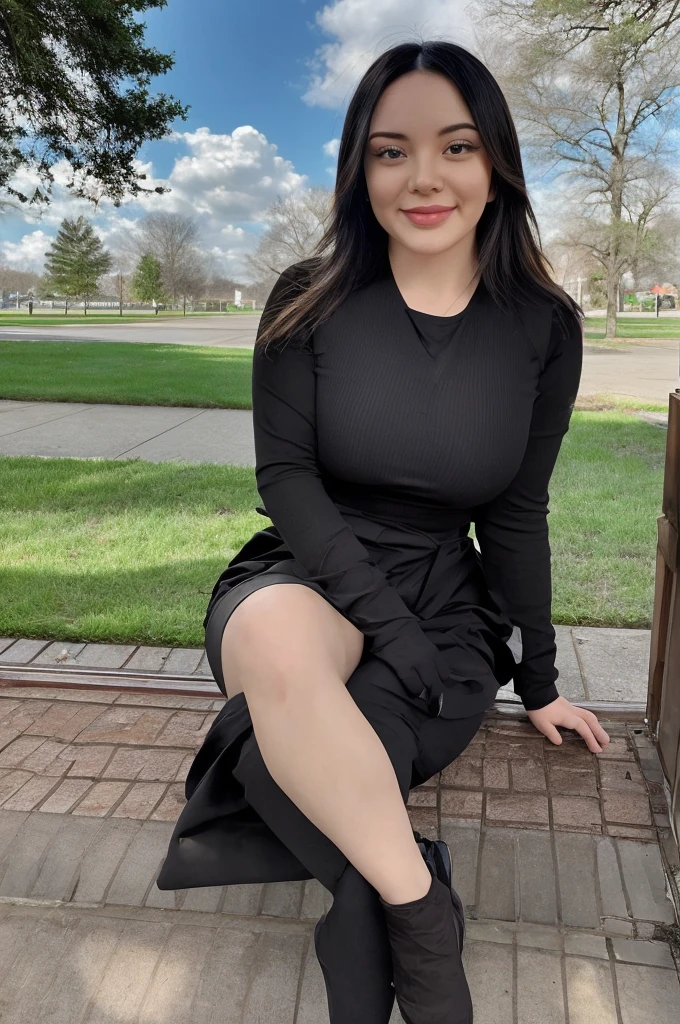 ((Best Quality, 8K, Masterpiece:1.3)), A beautiful girl, pure, melon face, gentle and cute, sweet smile, pure desire, thin figure, (frontal), (tilted head), looking directly at the camera, uniform, obi, formal, black silky long straight hair, long hair flowing over the shoulders, round black big eyes, clear big eyes, moist red lips, sweet, sitting on the side of the road, blue sky and white clouds, grass, buildings,