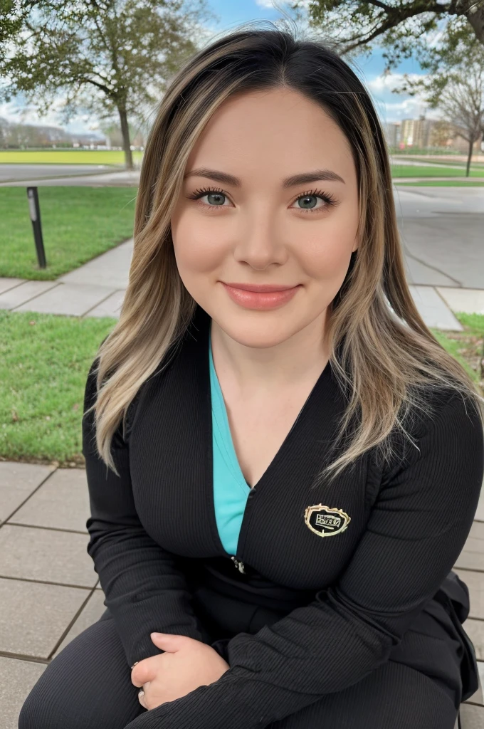 ((Best Quality, 8K, Masterpiece:1.3)), A beautiful girl, pure, melon face, gentle and cute, sweet smile, pure desire, thin figure, (frontal), (tilted head), looking directly at the camera, uniform, obi, formal, black silky long straight hair, long hair flowing over the shoulders, round black big eyes, clear big eyes, moist red lips, sweet, sitting on the side of the road, blue sky and white clouds, grass, buildings,