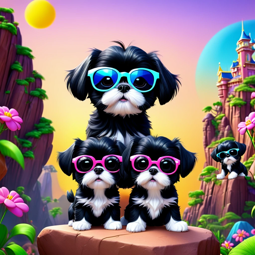 2 Adorable small black Shih Tzu puppies wearing bright sunglasses rock climbing Disney background 3d cartoon 3d render disney pixar style