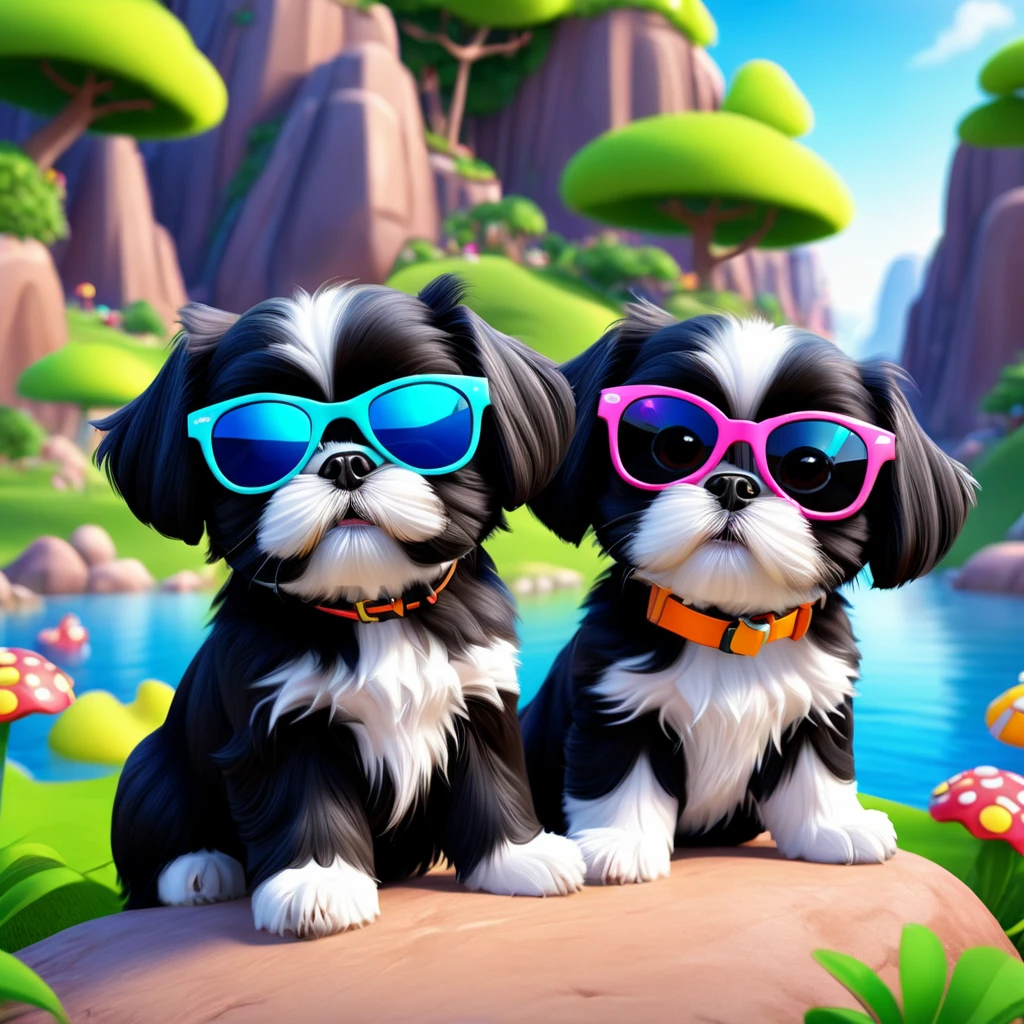 2 Adorable small black Shih Tzu puppies wearing bright sunglasses rock climbing Disney background 3d cartoon 3d render disney pixar style