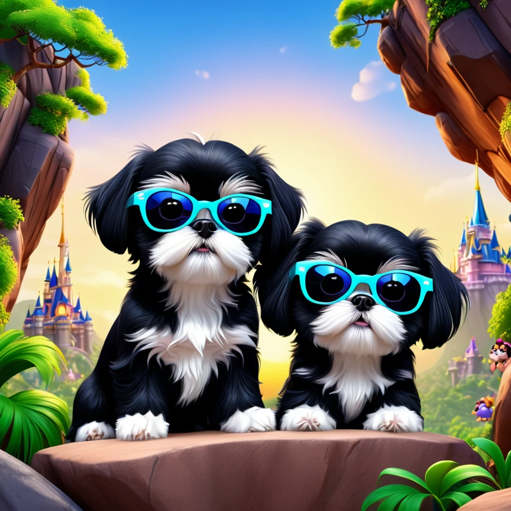 2 Adorable small black Shih Tzu puppies wearing bright sunglasses rock climbing Disney background 3d cartoon 3d render disney pixar style