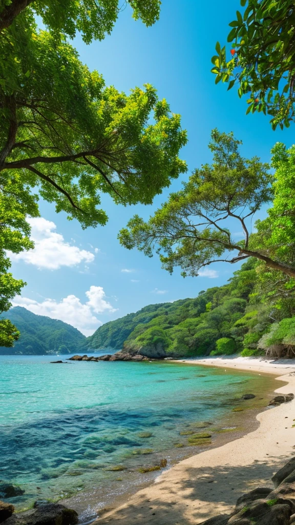 there is a picture of a beach with rocks and water, beautiful ocean, beautiful sea landscapes, a path in the woods leading to a path through the woods, a picture by Karl Völker, shutterstock, naturalism, peaceful lushious forest, lush green forest, green forest, lush green deep forest, forest trees, path into lush forest, wooded environment, path through a dense forest, lush forest, forest path, in serene forest settinghd wallpaper, calm ocean landscape, beatiful backgrounds, ocean background, magnificent background, magical beach, stunning screensaver, beautiful wallpaper, azure ocean, beautiful dreamy breathtaking, azure waves of water, crystal clear sea, amazing depth, beautiful beach, wallpaper hd, seashore