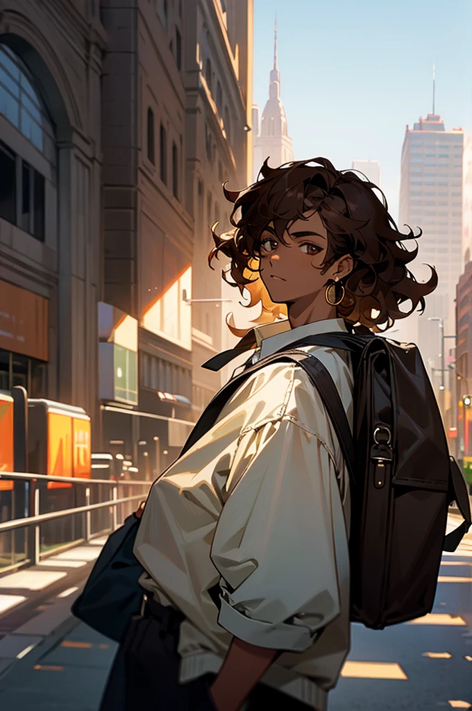 curly hair, medium length hair ,earrings, young male, sunlight, brown hair , city background, dark skin, black backpack