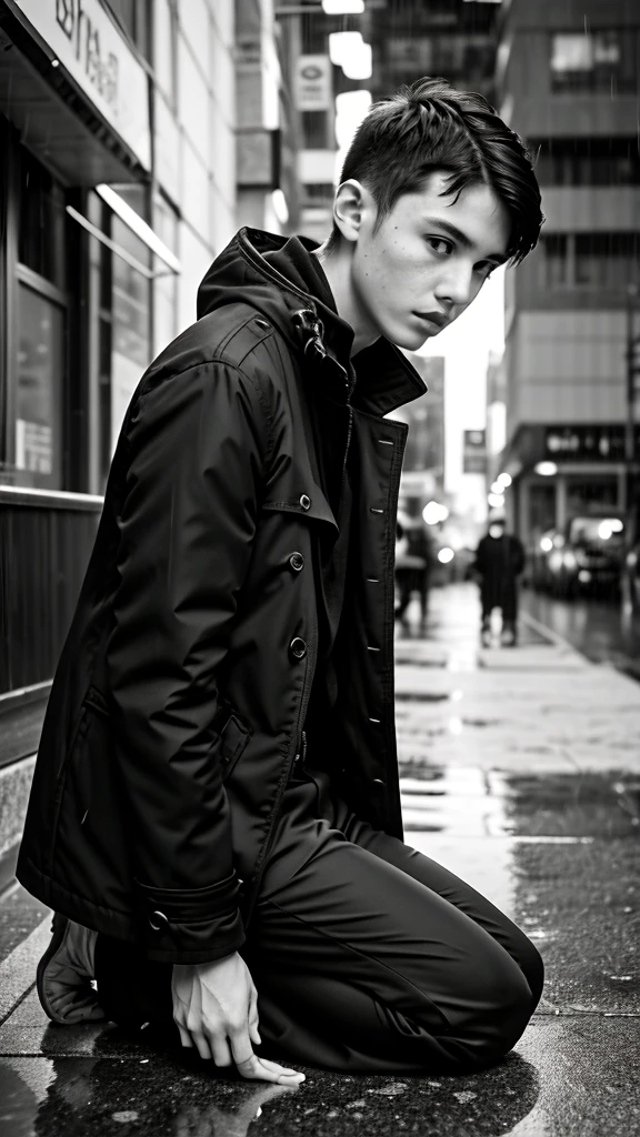 A boy age 30 with normal height and fit kneeling down and praying in coat and pants with humble on a rainy day black and white photo