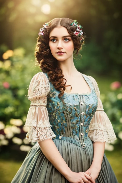 A beautiful young girl in a garden, brown curly hair, piercing blue eyes, delicate face, elegant long dress, 1900s victorian style, cinematic lighting, natural background, high quality, hyper realistic, intricate details, vivid colors, sharp focus, masterpiece