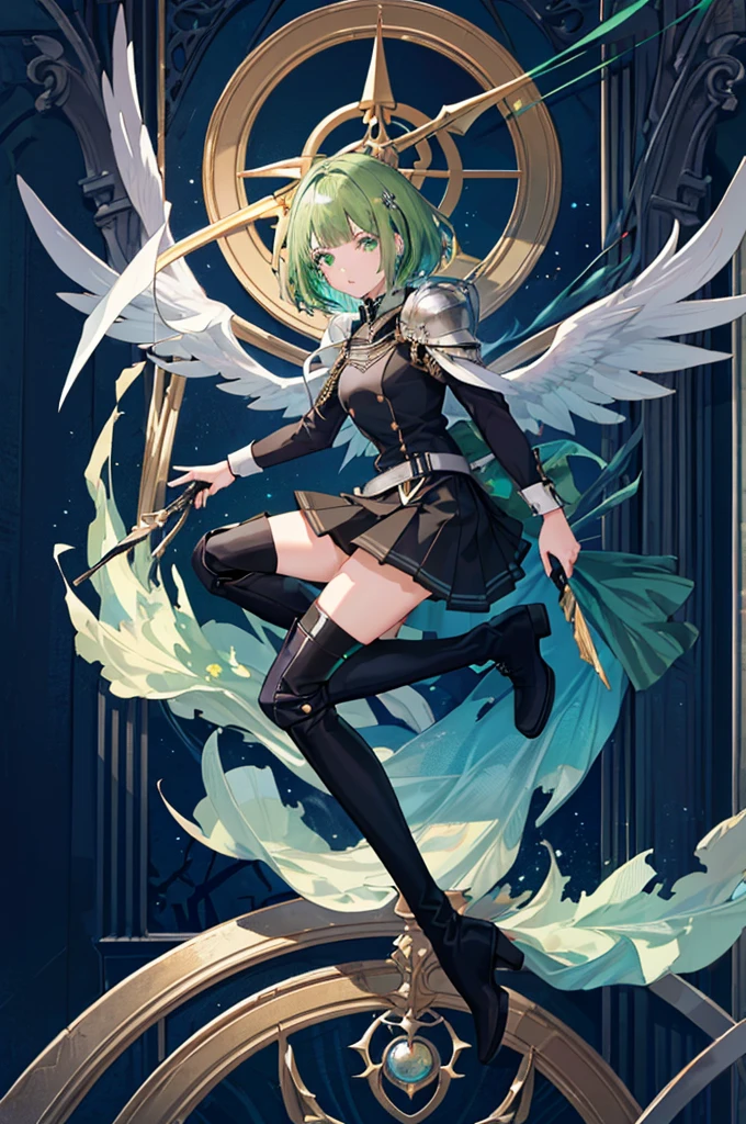 [(with a cathedral background:1.4)::5],original,(shape:1.1),(highest quality),(Tabletop:1.1),(Highly detailed CG Unity 8k wallpaper:1.1), (colorful:0.9),(Mid Shot:0.95),(very detailed beautiful whole body),Dynamic Angle,(alone:1.2), (girl),(((Adult))), (Beautiful eyes in every detail:1.15), (Beautiful Face:1.15), (Glowing green eyes:1.25////),(Gemstone Eyes),(Green Short Hair),(Blunt bangs),((The girl wear a black knight uniform)),Realistic,, girl,Green Hair,((Black long boots)), Black mini skirt,Black knee socks(rage),(Contempt and contempt),rage,(beautiful slender girl),((Adult)),((whole body)),Valkyrie, Decorations,((Thin legs)),((slender girl)),Front Angle,Front Angle,
