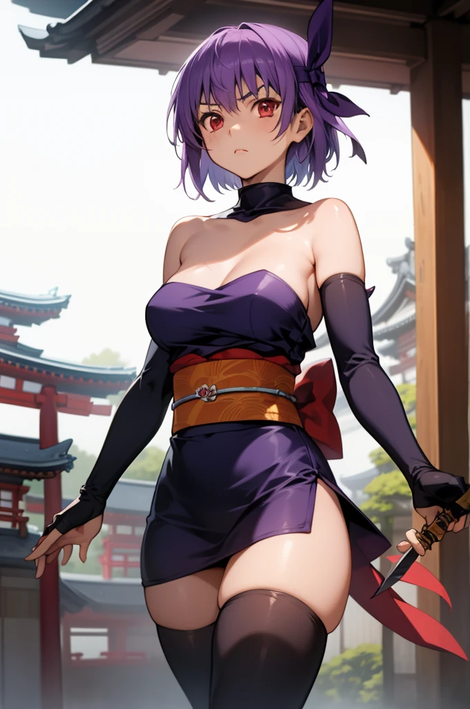 (Best quality at best:1.1), (tmasterpiece:1.2), sportrait, 1个Giant Breast Girl, yuzuriha_(earthly bliss), Purple colored hair, Brown eyes, ninjartist, Open your clothes, Chopping, little breast, Top knot, Medium hair, breasts parted, white sash, pervert smirk, Outdoor activities, (Be red in the face:1.1), blossoms (National Security Work Week 1.5)